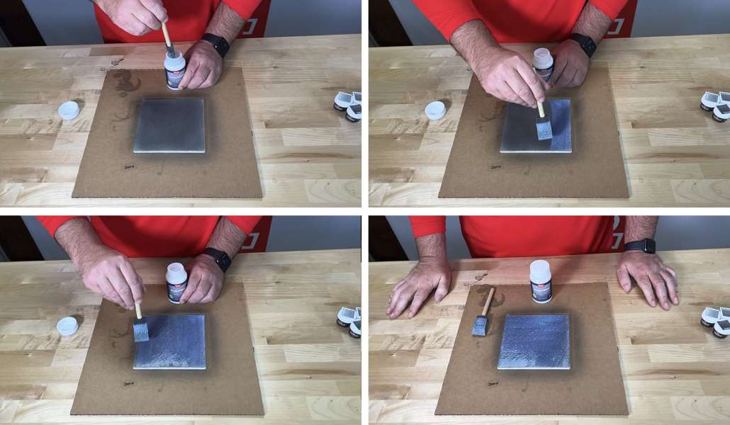 A series of images showing a person applying a second coat of sealer in a north-to-south direction using a foam brush on a surface previously stained with Vibrance™ Dye.